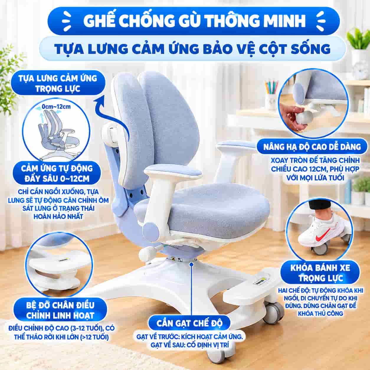 Các tính năng của ghế chống gù thông minh HTDKids: tựa lưng cảm ứng trọng lực