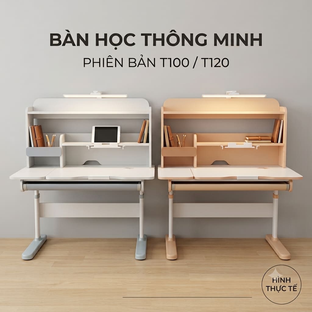 Hình ảnh thực tế bàn học thông minh phiên bản T100 và T120 màu xám và vân gỗ