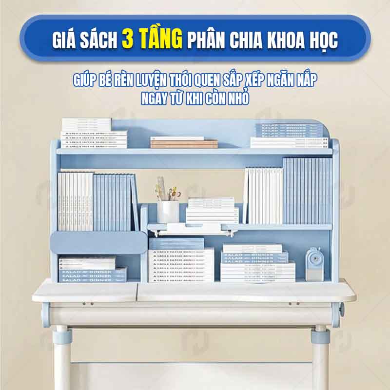 Thiết kế giá sách 3 tầng phân chia khoa học tích hợp trên bàn học thông minh