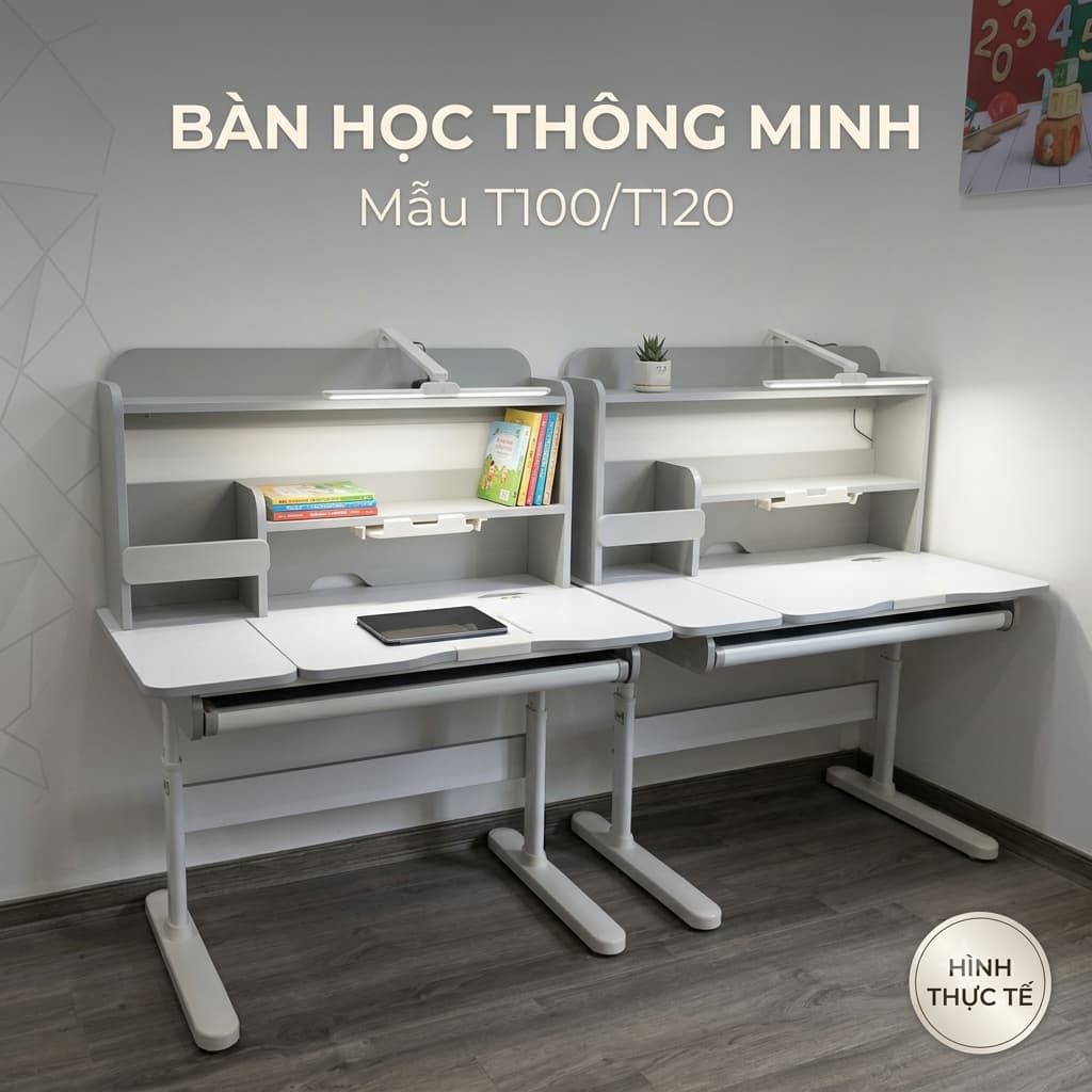 Hình thực tế bàn học thông minh chống gù chống cận mẫu T100 màu xám