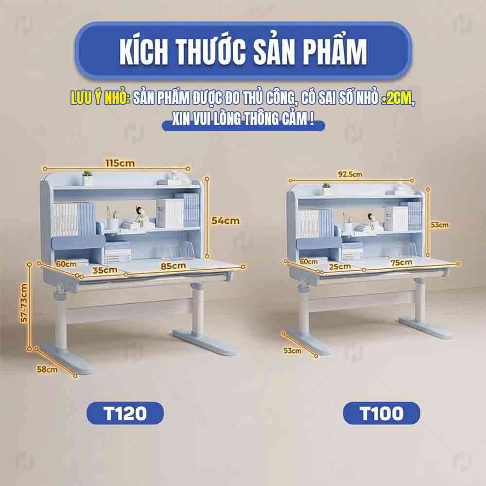 Chi tiết kích thước tiêu chuẩn của bàn học thông minh mã T100 và T120