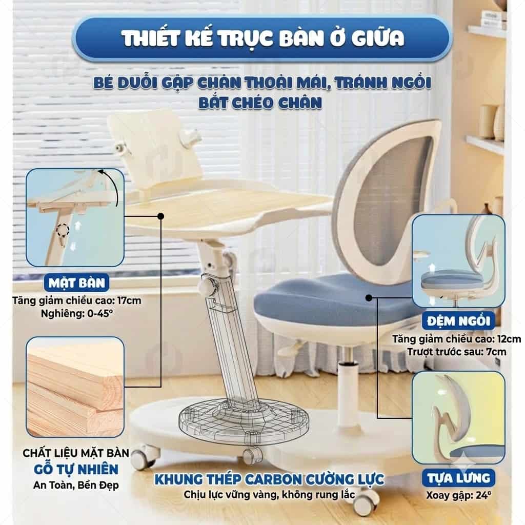 Các tính năng công thái học cao cấp bảo vệ cột sống của bộ bàn học liền ghế thông minh T74.