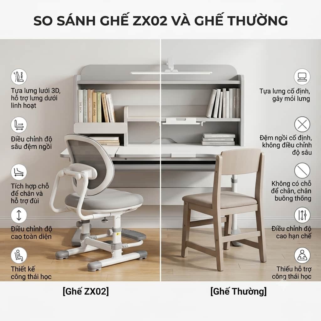 Bảng so sánh điểm ưu việt giữa ghế chống gù ZX02 và ghế học sinh thường