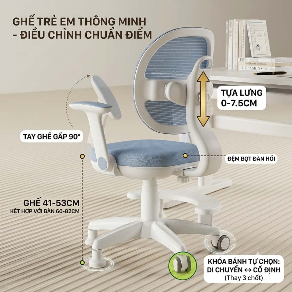 Khả năng điều chỉnh chiều cao linh hoạt từ 41-53cm của ghế học sinh thông minh ZX03.