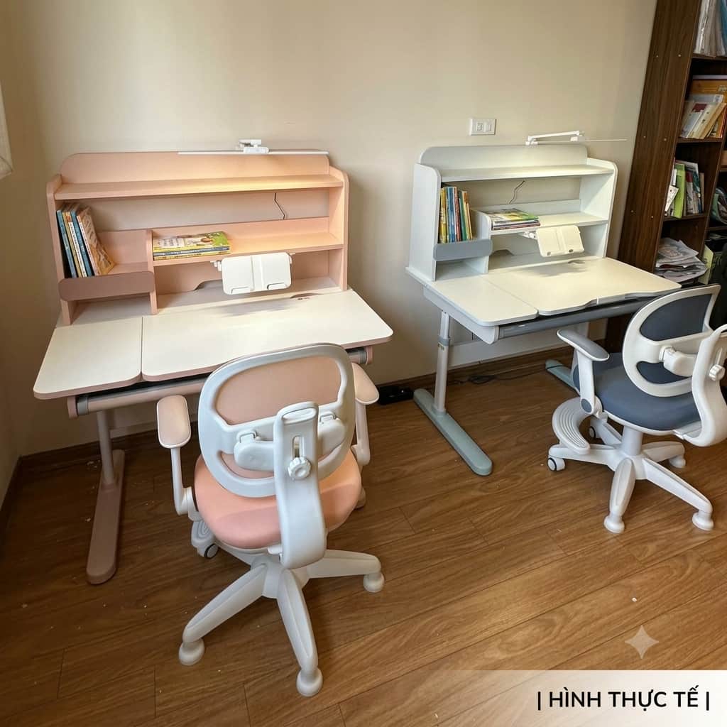 Setup góc học tập tiện nghi với bộ bàn và ghế chống gù ZX03 màu hồng và xám.