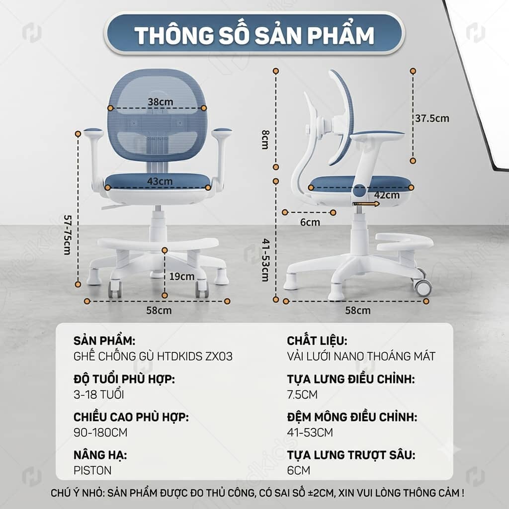 Bảng thông số kỹ thuật và kích thước chi tiết của ghế học sinh chống gù HTDKIDS ZX03.